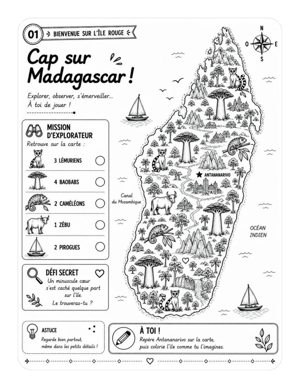 Cherche et trouve sur la carte de Madagascar : lémuriens, baobabs, caméléons