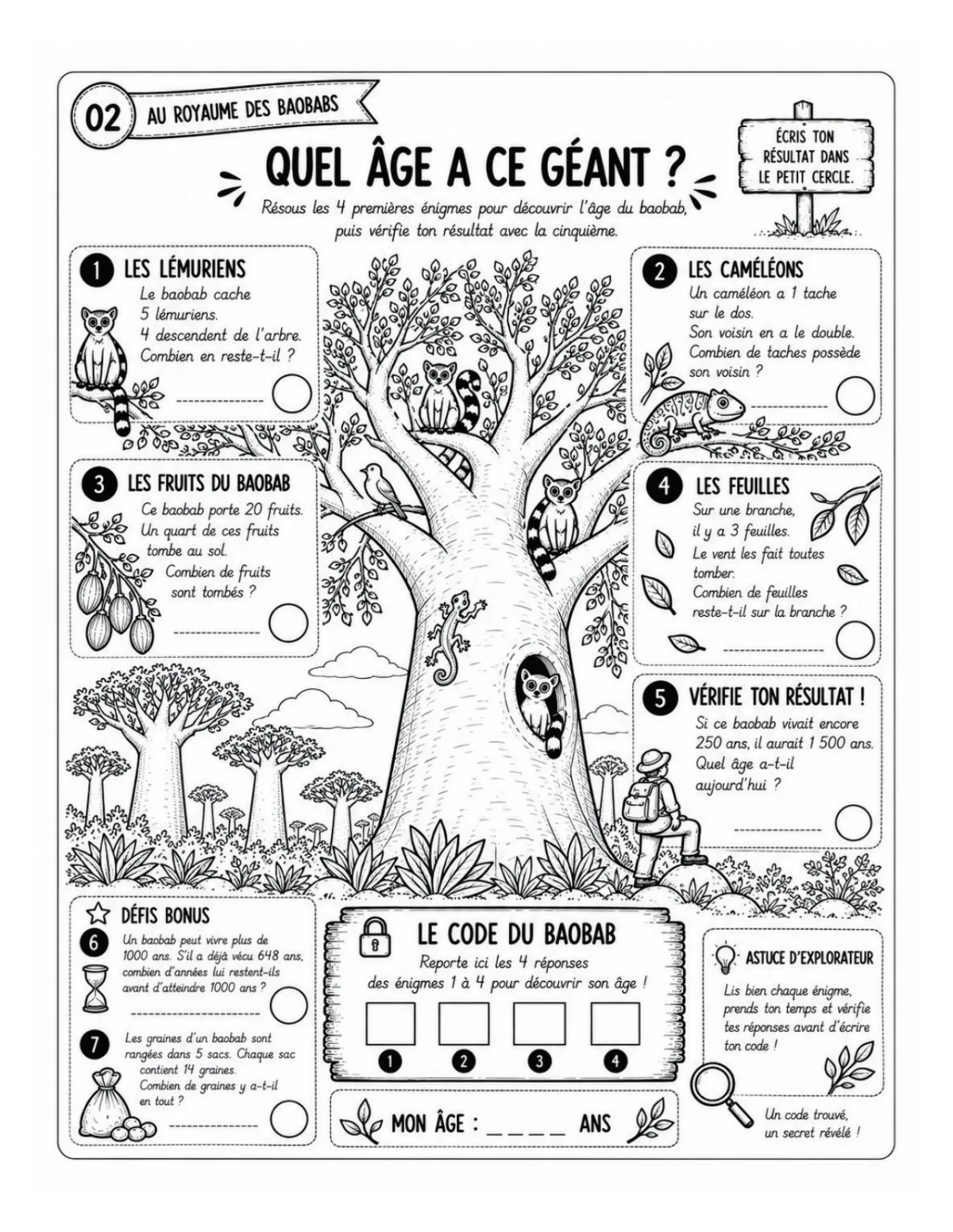 Énigmes de calcul autour de l'âge d'un baobab